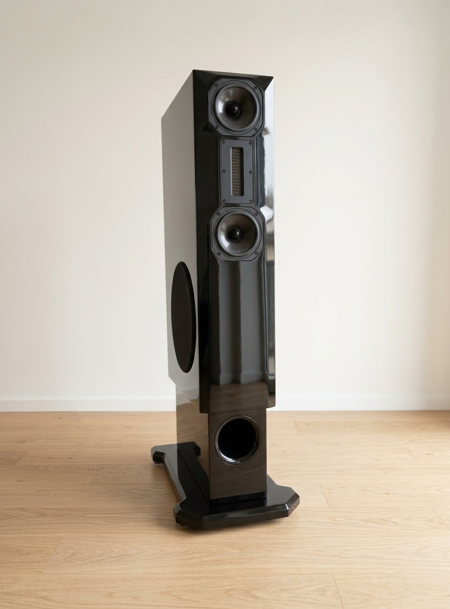 Harwood Reference in Schwarz, Ganzansicht von vorn mit Air-Motion-Transformer, zwei Mitteltönern und seitlich eingebautem Tieftöner