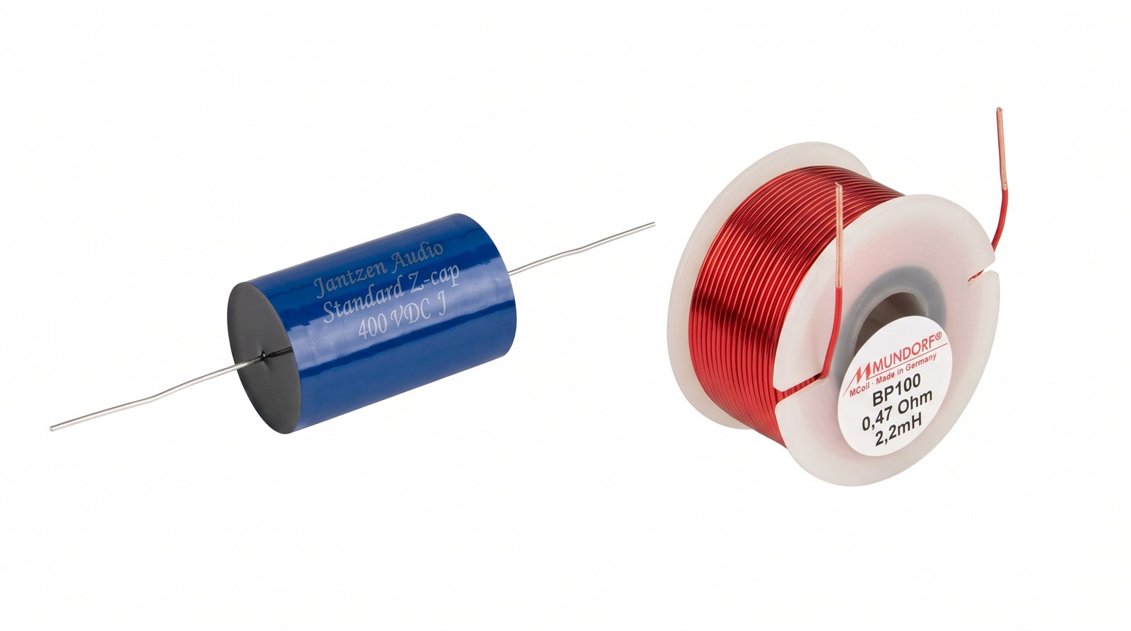 Bauteile der Cross Edition: Jantzen Audio Standard Z-Cap und Mundorf M-Coil BP100 mit Rohrkern