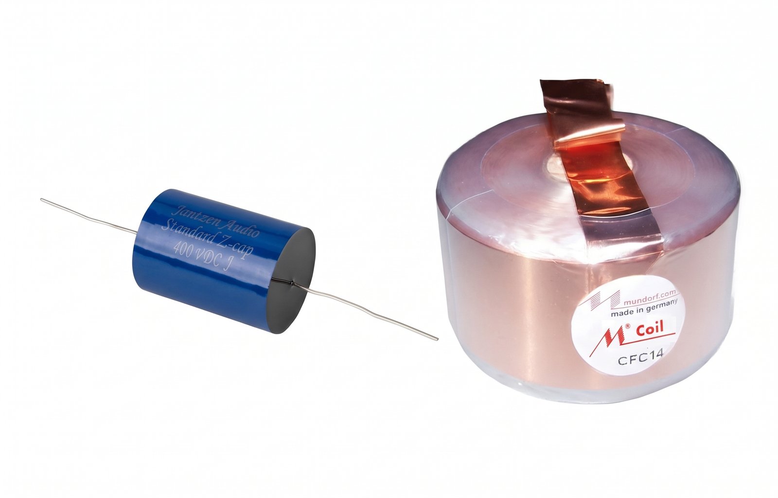 Bauteile der Cross Reference: Jantzen Audio Standard Z-Cap und Mundorf M-Coil CFC14 aus Kupferfolie