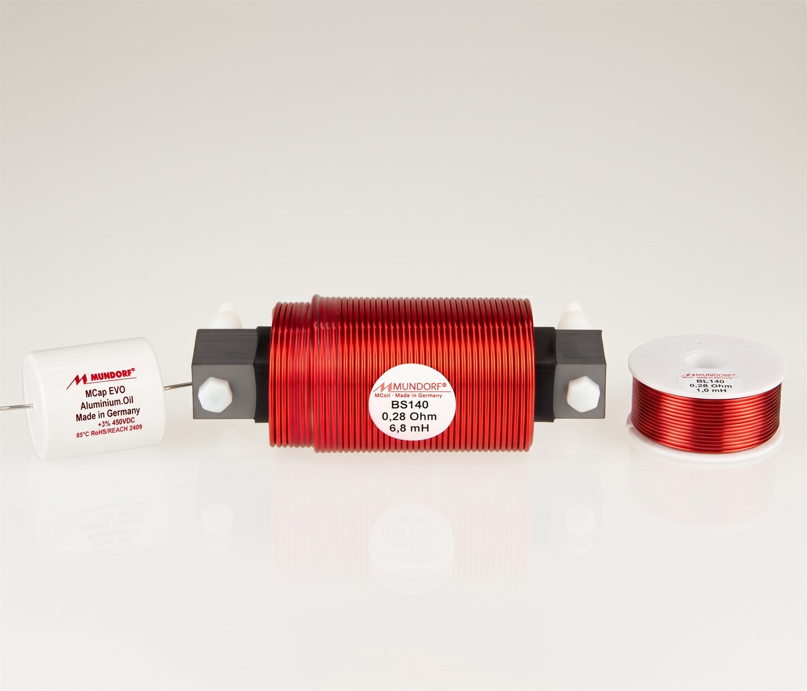 Bauteile der Classic Edition der Atacama: Mundorf MCap EVO, Mundorf M-Coil BS140 und M-Coil BL140