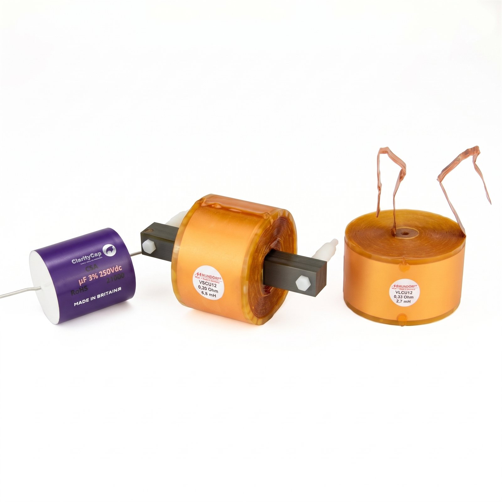 Bauteile der Evolution Edition der Atacama: ClarityCap CSA, Mundorf M-Coil VSCU12 und M-Coil VLCU15