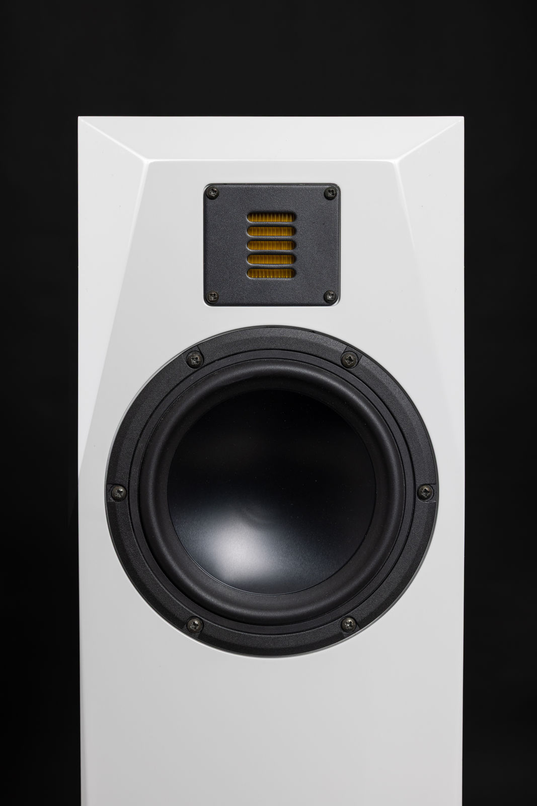 Nahaufnahme High-End Standlautsprecher Modell Lunaria 6 in weißem Lack